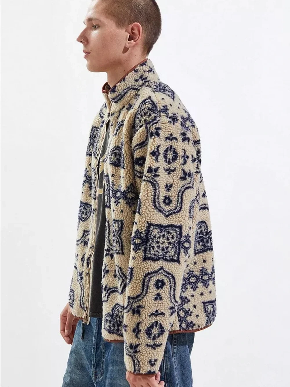 Urban Outfitters BDG Damask Tan Sherpa Zip-Up Fleece Jacket Sz Small